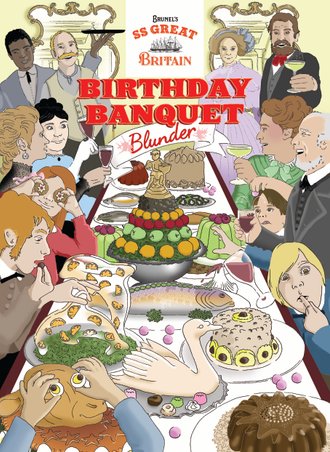 Sally Barnett's Illustrated booklet celebrating Bristol's SS Great Britain 180th birthday banquet with partygoers & big feast