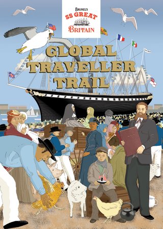 Sally Barnett's Illustrated cover for the family trail of SS Great Britain showing voyagers boarding the ship on the docks