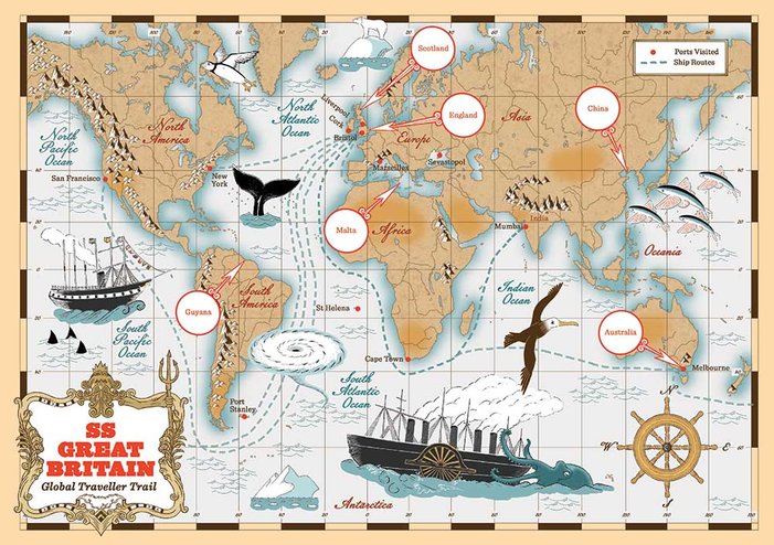 Sally Barnett Illustrated map of the world to show voyages that Bristol's SS Great Britain has taken in maritime history