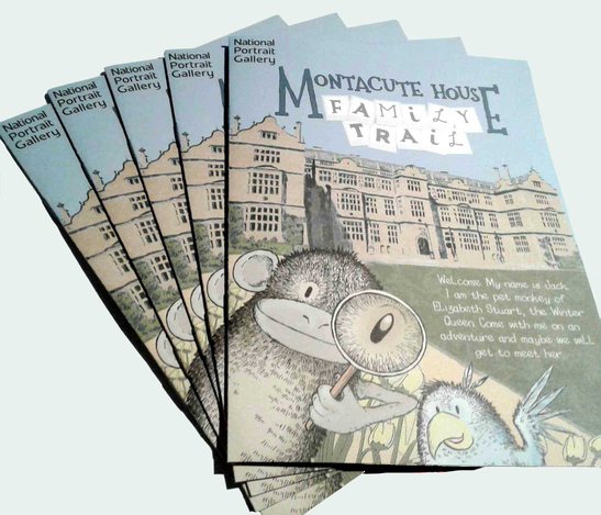 sally barnett illustration frome bath illustration illustrator bristol illustration montacute house family trail booklet front cover with monkey and parrot national portrait gallery national trust family trail booklet