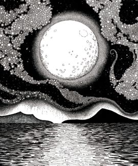 Sally Barnett fantasy ink illustration of the sea, moon and stars